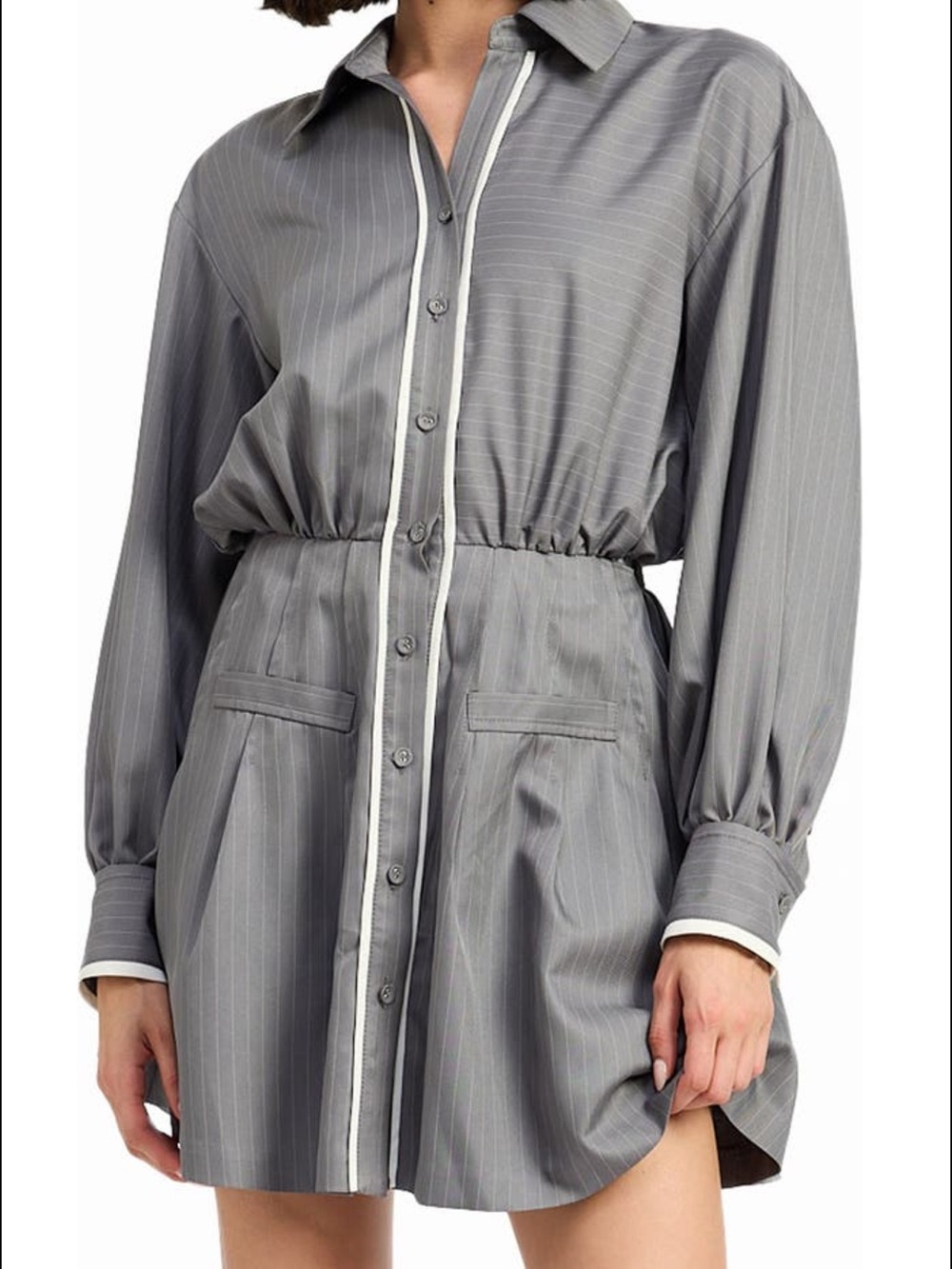 En Saison Gray Pinstripe Long-Sleeve Shirt Dress with Elastic Waist